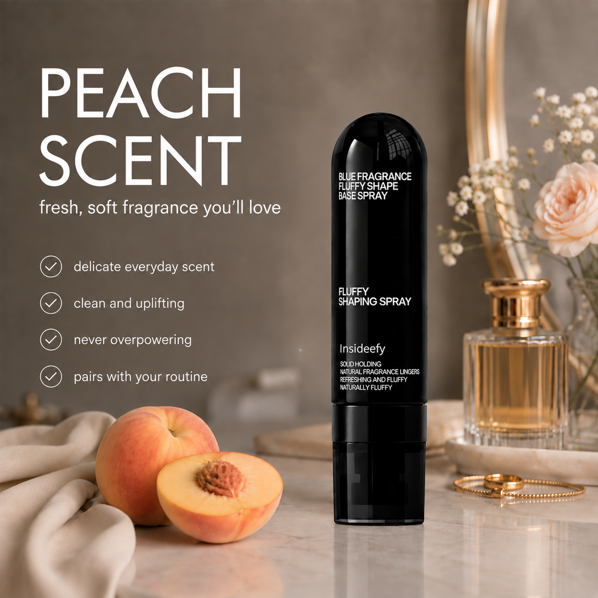 ✨Fluffy Hair Shaping Spray, Peach Scent Volumizing Hair Mist for Long Wear Hold